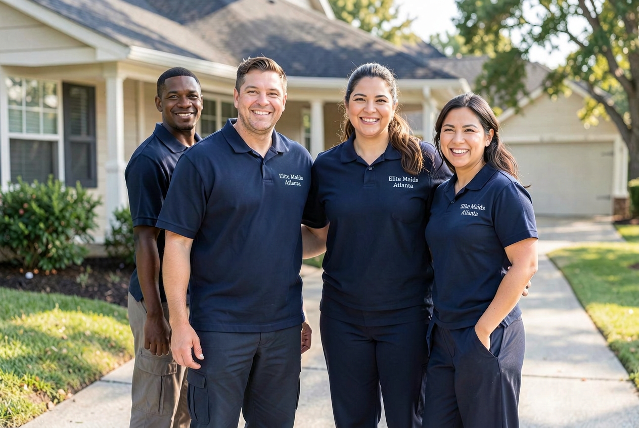 Diverse Elite Maids Atlanta team outside a North Atlanta home