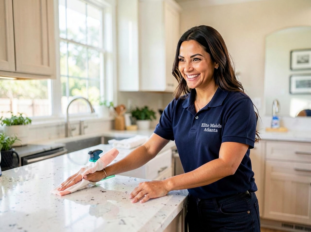 Elite Maids Atlanta cleaner wiping a kitchen counter