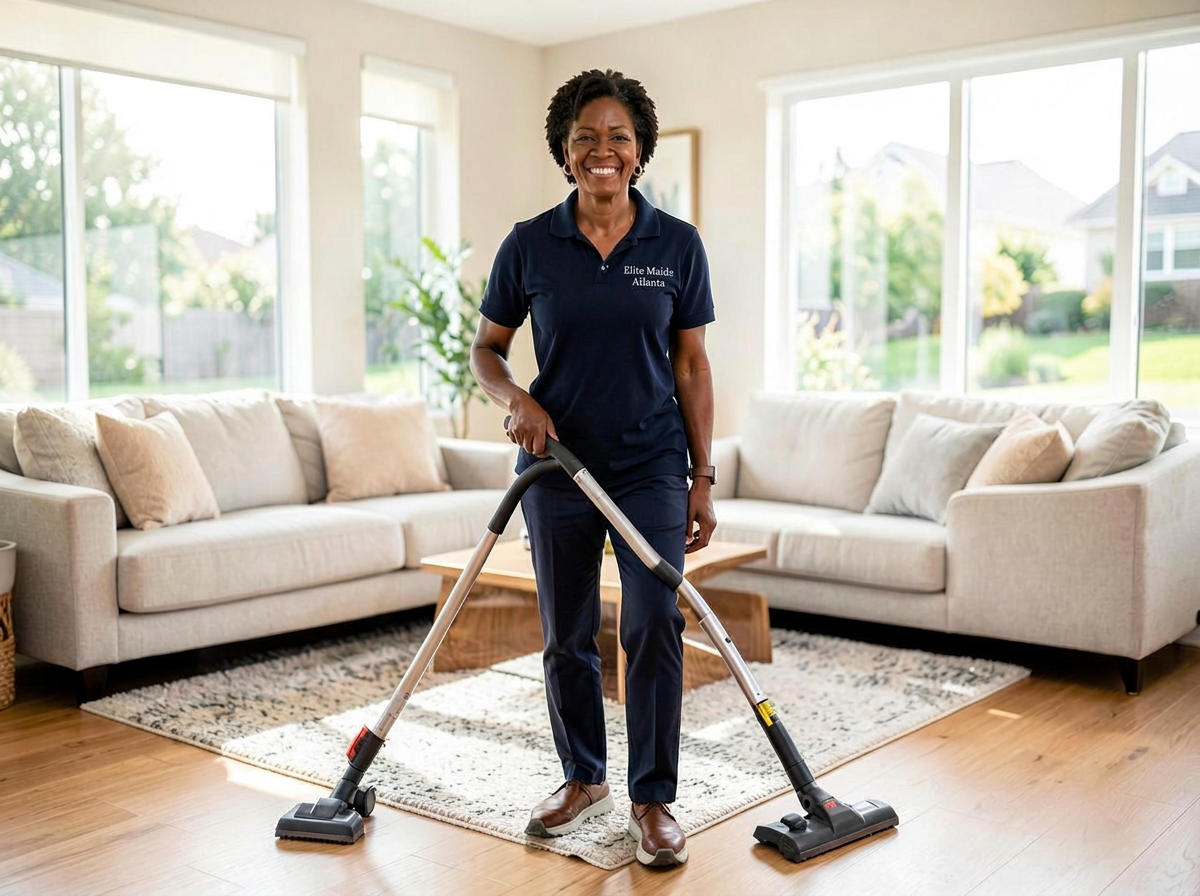 Elite Maids Atlanta cleaner vacuuming a living room